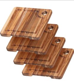 New Teakhaus 4 Pack Edge Grain Rectangle Carving Boards w/ Hand Grip 8x8x.75. #513
