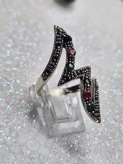Sterling Silver Tribal Marcasite multi gemstone ring size 7