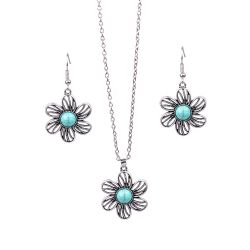 Turquoise diamond retro Chinese style hollow flower earrings necklace earrings jewelry set for women