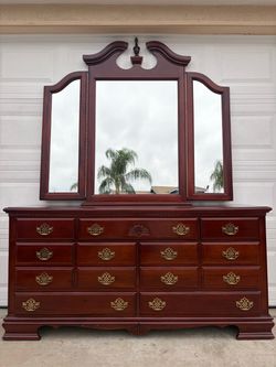 Cherry Wood Dresser with Tri-Fold Mirror