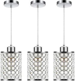 Crystal Pendant Light Fixture, Modern Chrome Chandelier Ceiling Lighting Fixtures with 3 Color Temperature LED Blub for Kitchen Island Living Room Bed