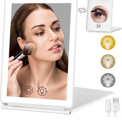 1X/3X Magnification Rechargeable Makeup Mirror for Travel, 2 Sided, 3 Colors Lighting, Dimmable Touch Screen, Folding Portable Makeup Mirror for Cosme