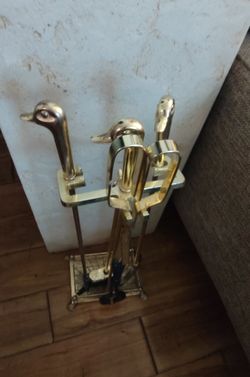 Vintage Brass Duck-Head Fireplace Tool Set with Decorative Stand