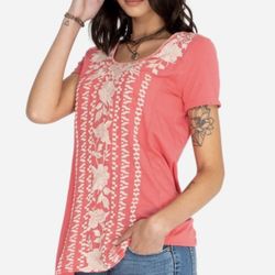 JOHNNY WAS Peach Pink White Letty Woven Embroidered Boho Short Sleeve Tunic Top