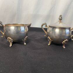 Vintage Leonard Silver Manufacturing Co. Silverplated Sugar Bowl w/ lid & Creamer Set (Antique Silver)