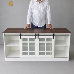 New In Box Heavy Duty TV Television Living Room Entertainment Stand Adjustable Shelf With Sliding Barn Door 