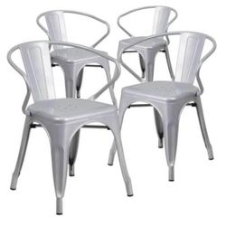 Silver Metal Indoor-Outdoor Chair with Arms set of 4, New