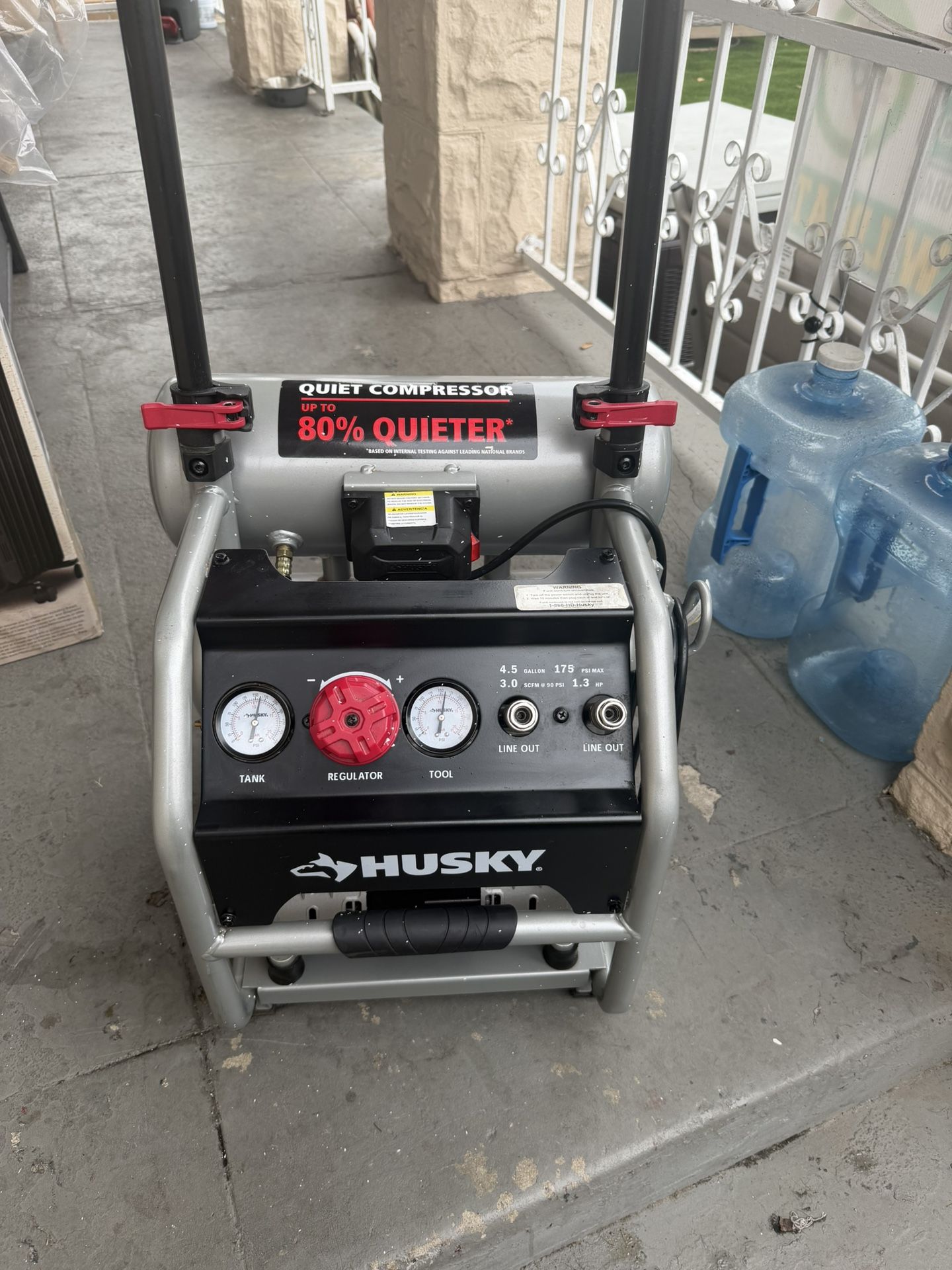Husky 4.5 Gal. 175 PSI Portable Electric Oil-Free Quiet Twin Stack Jobsite Air Compressor w/Rubber Wheels and 2-Quick Couplers (Good Condition)