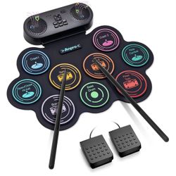 Anpro Electric Drum Set Bluetooth: 9 Drum Pad with Dual Stereo Speakers, Roll-up Electronic Drum Kit with Drum Pedals Drum Sticks, Support Headphone/M