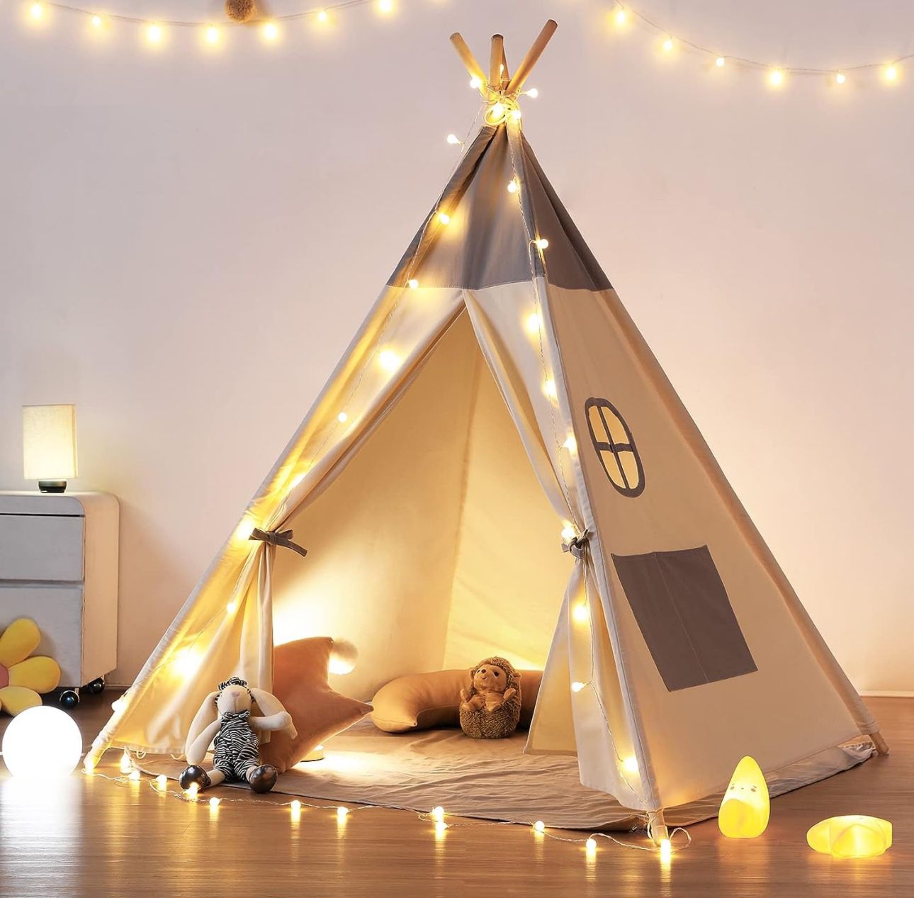 besrey Teepee Tent for Kids with Light & Mat, Kids Tents Indoor Play Tent Playhouse, Toddler Teepee 100% Cotton, tee Pee Tents for Kids Indoor, Kids T