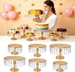 6 PCS Gold Cake Stand Set with Crystal Pendants Dessert Table Display Set -NEW (3554/3)