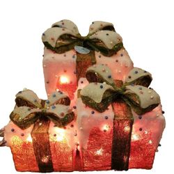 Red Sisal With Snow Caps & Beaded Candy Lighted Christmas Presents Yard Decor. 