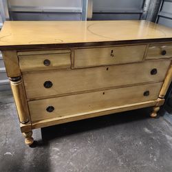 Vintage Wooden Long Pine Colored and Hand Painted Dresser on Casters