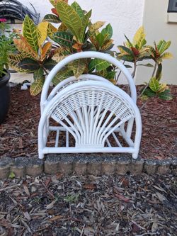 White Rattan Wicker Magazine Rack