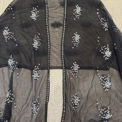Large and rectangle Black shawl with silver floral embroidered