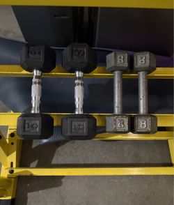 Dumbbell Weights…Pair of 10 pound Rubber Hex & a Pair of 8 pound Cast Iron Hex Dumbbells.