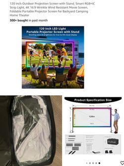 Moving Sale, 120” Outdoor Projector Screen with Stand + RGB Lights – New, Opened Box