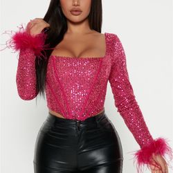 Pink Sequin Fur Corset Top 