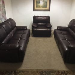 2 Dark Brown Leather Power Reclining Couches and Power Reclining Chair