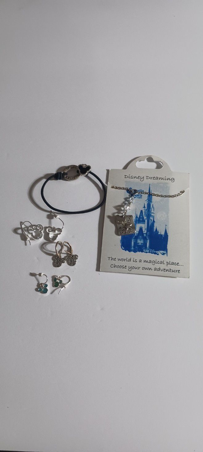 Disney Mickey Mouse Jewelry, Disney Dreaming Necklace,  3 pairs of pierced earrings,  and a black leather "If You Believe" Bracelet with Mickey Charm