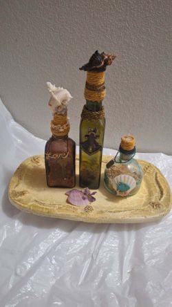 Vintage Mexican Stoneware Tray & 3 Coastal Artisan Bottles Set