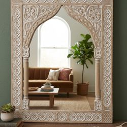 Hand-Carved Solid Wood Boho Arch Mirror | Whitewashed | Statement Piece 
