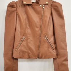 EMMA Tan Faux Leather Moto Jacket Puffed Sleeves Size S
