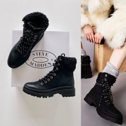 ✨New STEVE MADDEN Keystone Faux Fur Trim Lace Up Boots Black Womens Shoes Size 7M