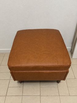 Modern Solid Wood Leg Vegan Cognac Ottoman with Storage