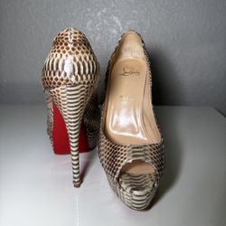 Christian Louboutin Snakeskin Peep-Toe Heels - Size 37