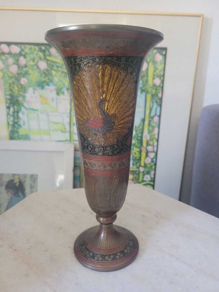Vintage India Brass Etched Goblet Style Vase-Peacock & Floral Design