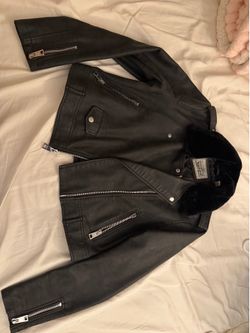Levi Strauss Black Faux Feather Moto Jacket with Shearling Collar