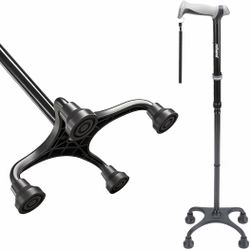 Rehand Quad Cane, Walking Cane with Ergonomic Handle, Adjustable, 4-Pronged Foot