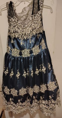 Navy Blue & Gold Lace Overlay Dress
