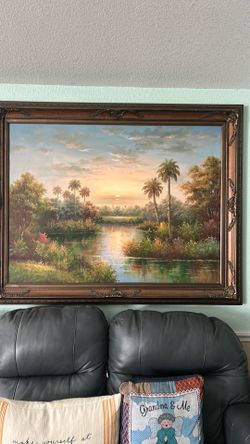 Large Framed Tropical Landscape Oil Painting