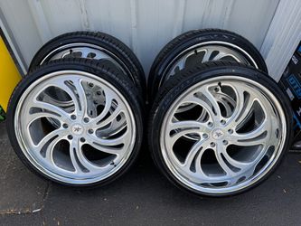 NEW staggered 24x9 and 24x11 infamous wheels polished/ brushed wrapped in Lexani tires