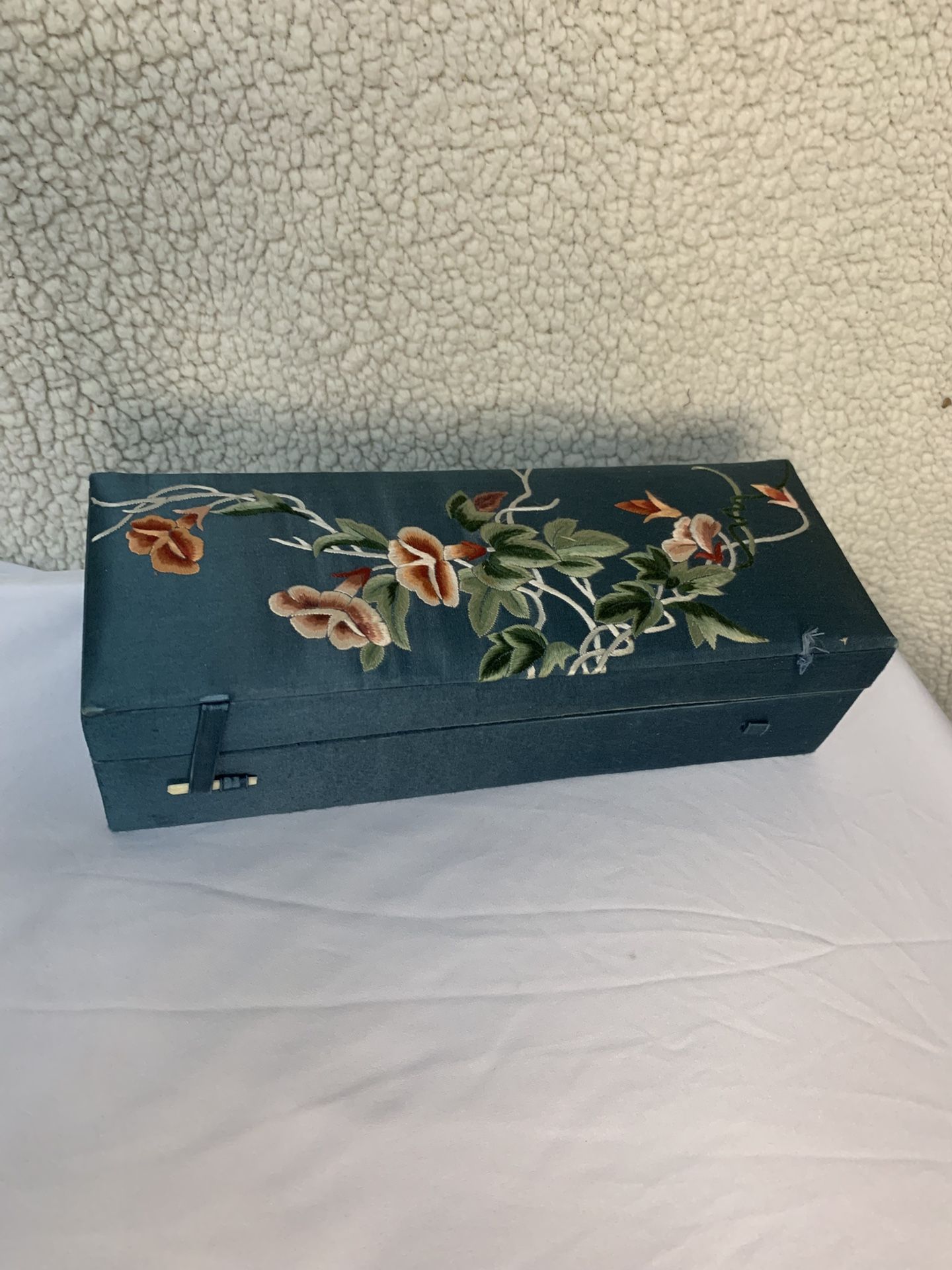 Vintage jewel box/Chinoiserie style embroidered box With Silk covered Lid/ Mid