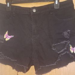 Black Distressed Shorts With Butterflies