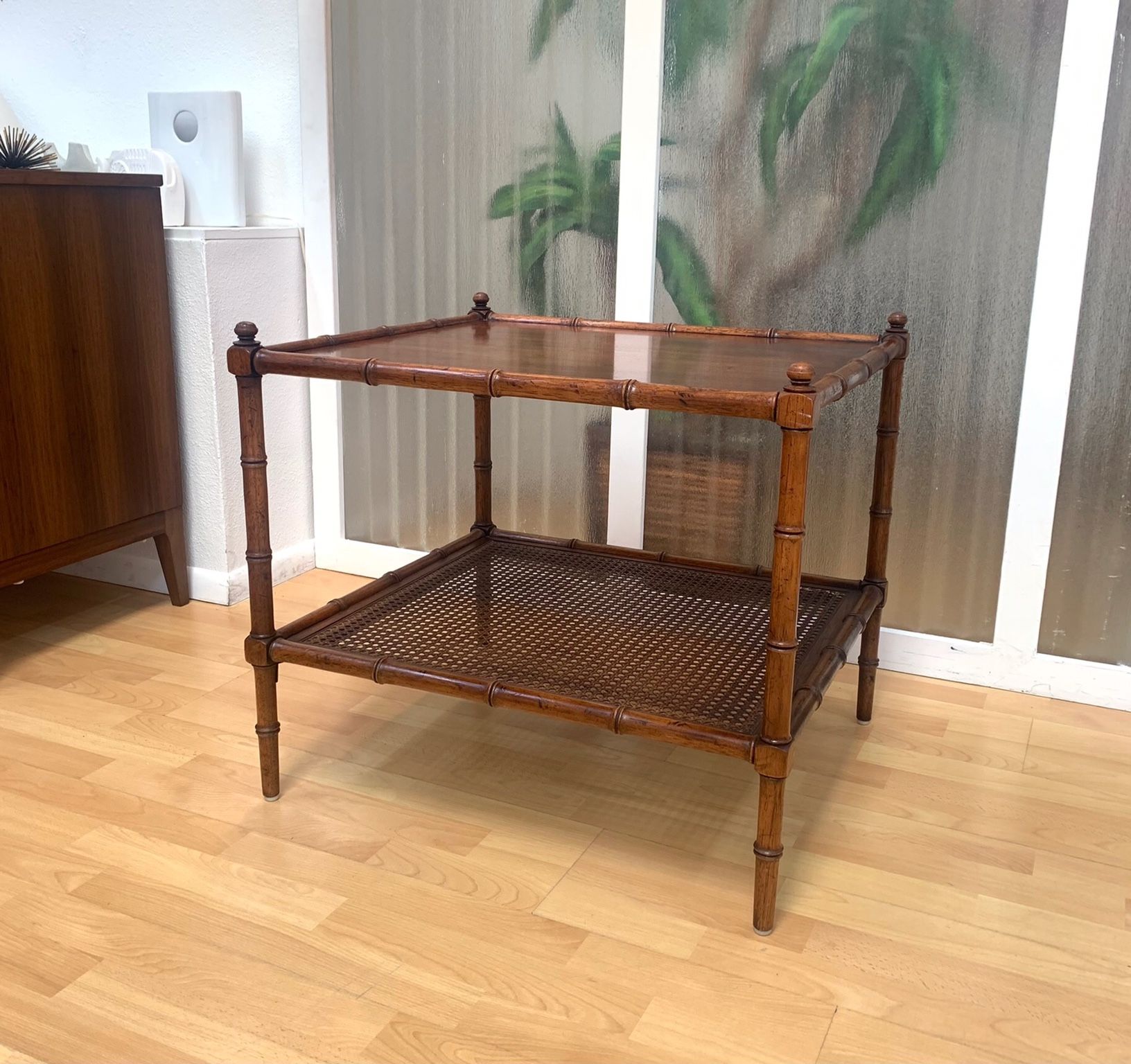 Henredon Vintage Accent Side Table Faux Bamboo Campaign Walnut MCM Hollywood Regency Coastal Mid Century Modern