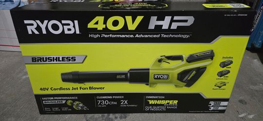 RYOBI 40V HP Brushless Whisper Series 190 MPH 730 CFM Cordless Battery Jet Fan Leaf Blower with (2)4.0 Ah Batteries & Charger
