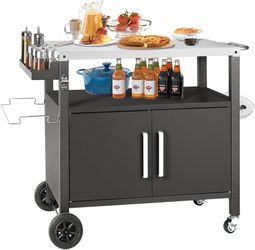 Grill Cart Table with Big Storage Cabinet, Movable Outdoor Dining Cart Pizza Oven Stand, Kitchen Cart Island Multifunction Food Prep Table Stainless S