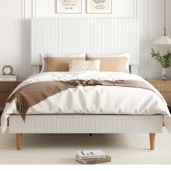 viplov Queen Size Bed Frame, Upholstered Platform Bed with Adjustable Vertical Channel Tufted Headboard, Soft Corduroy Fabric, Strong Wooden Slats Sup
