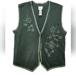 Vintage Koret Petites Size Small Green Knit Embroidered Floral Sleeveless Vest