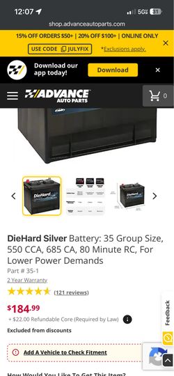 DieHard Silver Battery: 35 Group Size, 550 CCA, 685 CA, 80 Minute RC