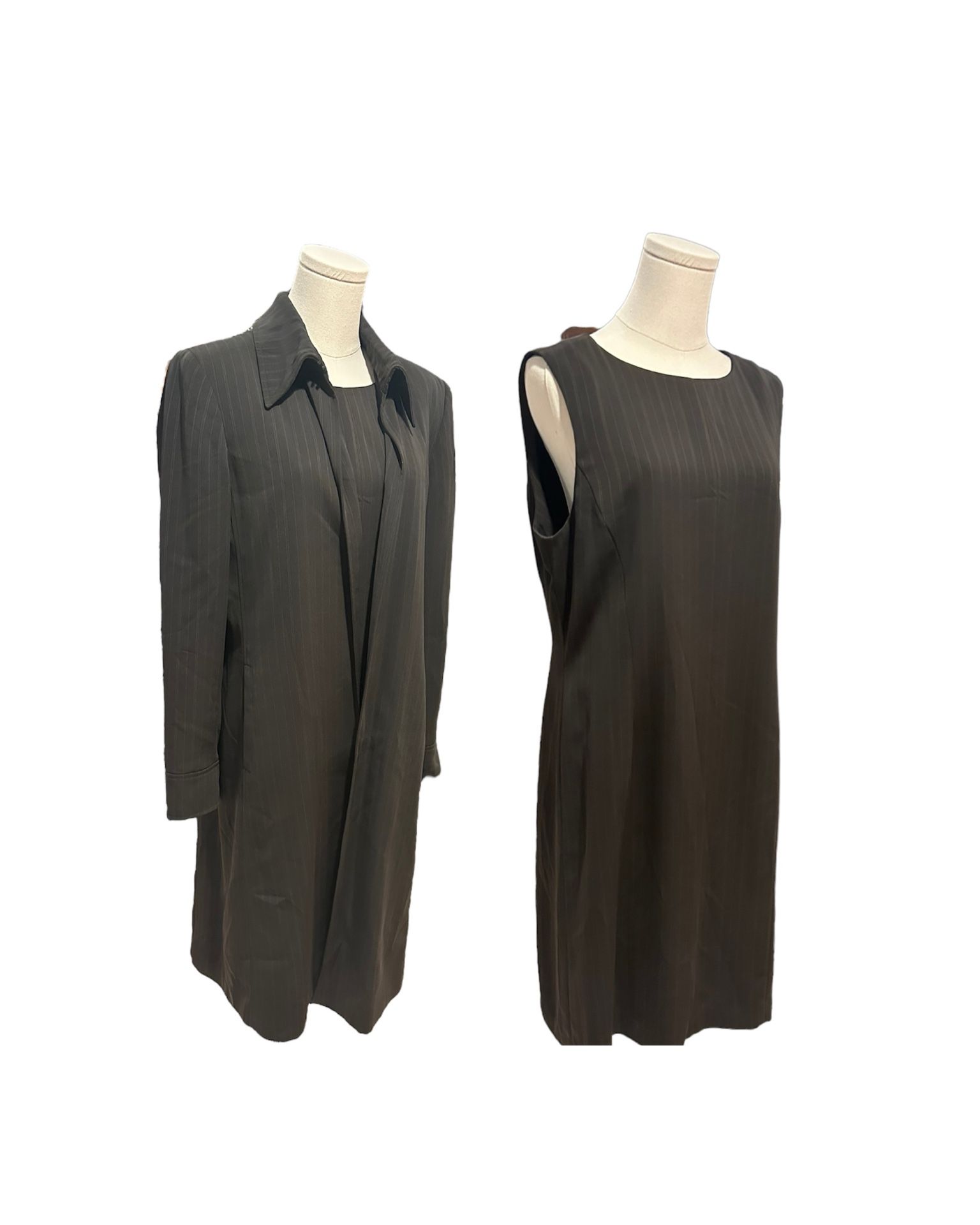 Womens Harvé Benard Vintage 90s Set Chic Long Jacket w/ Pinstripe Dress 12 Black