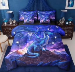 Queen Size 3 Piece Bedding Sets Dragon Comforter Set Galaxy Starry Sky Glitter Bed Sheet Purple Reversible Printed Quilt Set