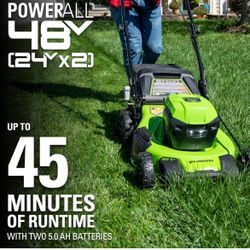 Greenworks 48V (24V x 2) 21" Brushless Cordless (Self-Propelled) Lawn Mower (LED Headlight), (2) 5.0Ah Batteries and Dual Port Rapid Charger Included 