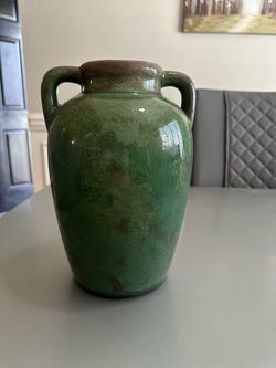 Green Glazed Ceramic Vase with Handles