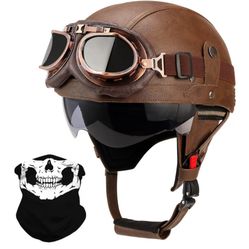 German Style Leather Motorcycle Half Helmet  Brown- Large