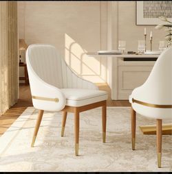 Modern Luxury Upholstered Dining Chairs Set of 2 Faux Leather Side Chairs, Beige & Light Walnut